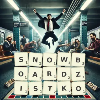 Kreatywna ilustracja do gry w Scrabble ze słowem SNOWBOARDZISTKO ułożonym z płytek na planszy.