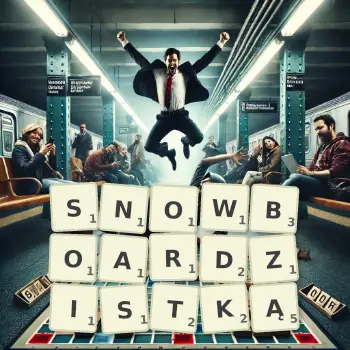 Kreatywna ilustracja do gry w Scrabble ze słowem SNOWBOARDZISTKĄ ułożonym z płytek na planszy.