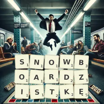 Kreatywna ilustracja do gry w Scrabble ze słowem SNOWBOARDZISTKĘ ułożonym z płytek na planszy.
