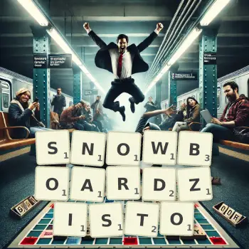 Kreatywna ilustracja do gry w Scrabble ze słowem SNOWBOARDZISTO ułożonym z płytek na planszy.