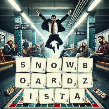 Kreatywna ilustracja do gry w Scrabble ze słowem SNOWBOARDZISTĄ ułożonym z płytek na planszy.