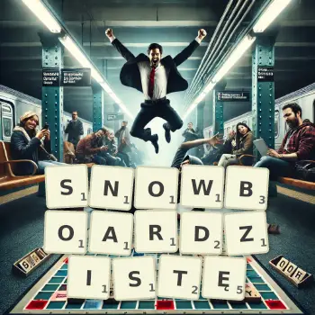 Kreatywna ilustracja do gry w Scrabble ze słowem SNOWBOARDZISTĘ ułożonym z płytek na planszy.