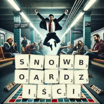 Kreatywna ilustracja do gry w Scrabble ze słowem SNOWBOARDZIŚCI ułożonym z płytek na planszy.