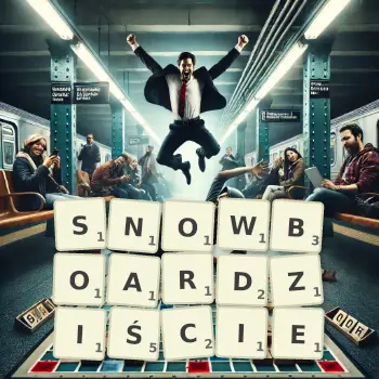 Kreatywna ilustracja do gry w Scrabble ze słowem SNOWBOARDZIŚCIE ułożonym z płytek na planszy.
