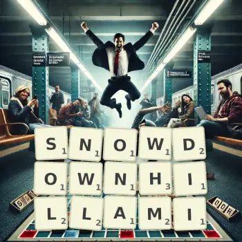 Kreatywna ilustracja do gry w Scrabble ze słowem SNOWDOWNHILLAMI ułożonym z płytek na planszy.