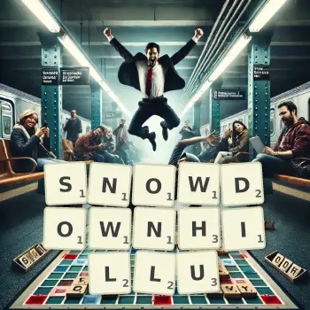 Kreatywna ilustracja do gry w Scrabble ze słowem SNOWDOWNHILLU ułożonym z płytek na planszy.