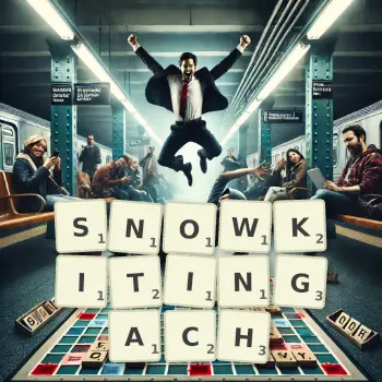 Kreatywna ilustracja do gry w Scrabble ze słowem SNOWKITINGACH ułożonym z płytek na planszy.