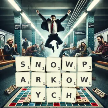 Kreatywna ilustracja do gry w Scrabble ze słowem SNOWPARKOWYCH ułożonym z płytek na planszy.