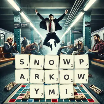 Kreatywna ilustracja do gry w Scrabble ze słowem SNOWPARKOWYMI ułożonym z płytek na planszy.