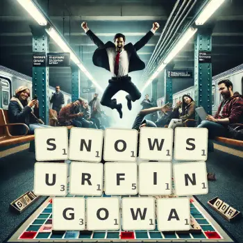 Kreatywna ilustracja do gry w Scrabble ze słowem SNOWSURFINGOWA ułożonym z płytek na planszy.