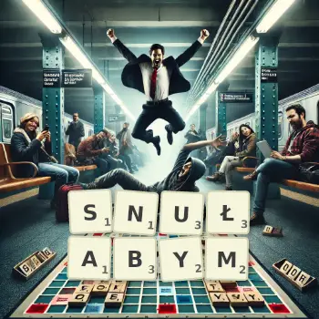 Kreatywna ilustracja do gry w Scrabble ze słowem SNUŁABYM ułożonym z płytek na planszy.