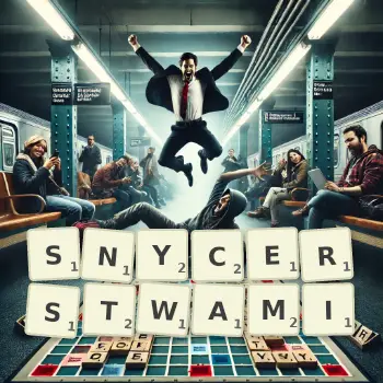 Kreatywna ilustracja do gry w Scrabble ze słowem SNYCERSTWAMI ułożonym z płytek na planszy.