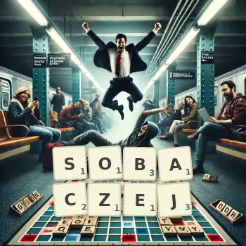 Kreatywna ilustracja do gry w Scrabble ze słowem SOBACZEJ ułożonym z płytek na planszy.