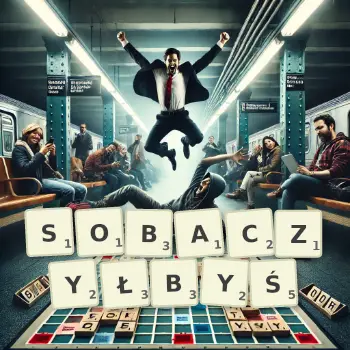 Kreatywna ilustracja do gry w Scrabble ze słowem SOBACZYŁBYŚ ułożonym z płytek na planszy.