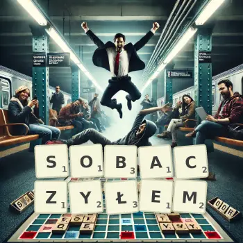 Kreatywna ilustracja do gry w Scrabble ze słowem SOBACZYŁEM ułożonym z płytek na planszy.