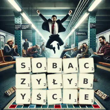 Kreatywna ilustracja do gry w Scrabble ze słowem SOBACZYŁYBYŚCIE ułożonym z płytek na planszy.