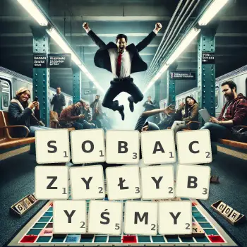 Kreatywna ilustracja do gry w Scrabble ze słowem SOBACZYŁYBYŚMY ułożonym z płytek na planszy.