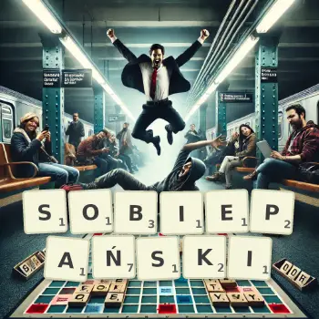 Kreatywna ilustracja do gry w Scrabble ze słowem SOBIEPAŃSKI ułożonym z płytek na planszy.
