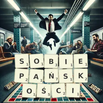 Kreatywna ilustracja do gry w Scrabble ze słowem SOBIEPAŃSKOŚCI ułożonym z płytek na planszy.