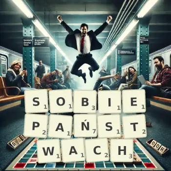 Kreatywna ilustracja do gry w Scrabble ze słowem SOBIEPAŃSTWACH ułożonym z płytek na planszy.