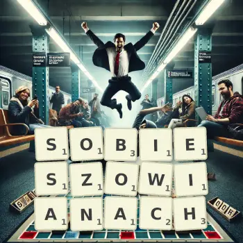 Kreatywna ilustracja do gry w Scrabble ze słowem SOBIESZOWIANACH ułożonym z płytek na planszy.