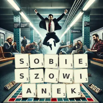 Kreatywna ilustracja do gry w Scrabble ze słowem SOBIESZOWIANEK ułożonym z płytek na planszy.