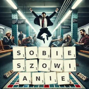 Kreatywna ilustracja do gry w Scrabble ze słowem SOBIESZOWIANIE ułożonym z płytek na planszy.