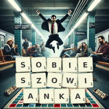 Kreatywna ilustracja do gry w Scrabble ze słowem SOBIESZOWIANKA ułożonym z płytek na planszy.