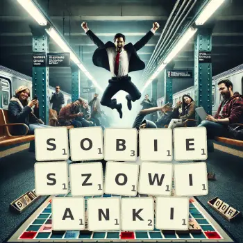 Kreatywna ilustracja do gry w Scrabble ze słowem SOBIESZOWIANKI ułożonym z płytek na planszy.