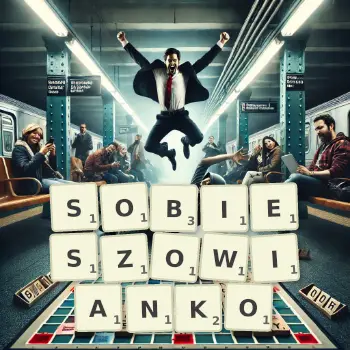 Kreatywna ilustracja do gry w Scrabble ze słowem SOBIESZOWIANKO ułożonym z płytek na planszy.