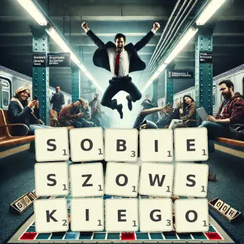 Kreatywna ilustracja do gry w Scrabble ze słowem SOBIESZOWSKIEGO ułożonym z płytek na planszy.