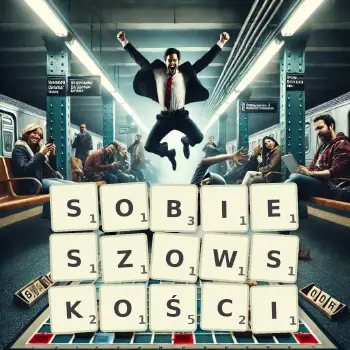 Kreatywna ilustracja do gry w Scrabble ze słowem SOBIESZOWSKOŚCI ułożonym z płytek na planszy.