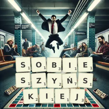 Kreatywna ilustracja do gry w Scrabble ze słowem SOBIESZYŃSKIEJ ułożonym z płytek na planszy.