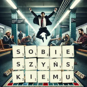 Kreatywna ilustracja do gry w Scrabble ze słowem SOBIESZYŃSKIEMU ułożonym z płytek na planszy.