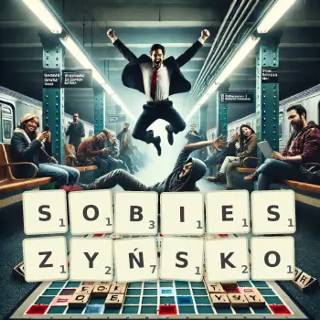 Kreatywna ilustracja do gry w Scrabble ze słowem SOBIESZYŃSKO ułożonym z płytek na planszy.