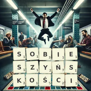 Kreatywna ilustracja do gry w Scrabble ze słowem SOBIESZYŃSKOŚCI ułożonym z płytek na planszy.