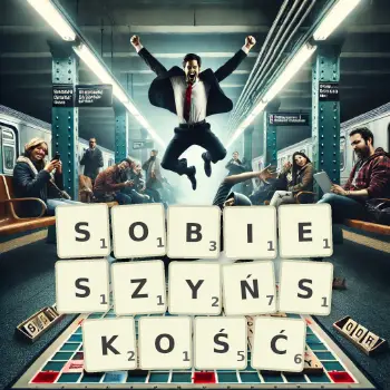 Kreatywna ilustracja do gry w Scrabble ze słowem SOBIESZYŃSKOŚĆ ułożonym z płytek na planszy.