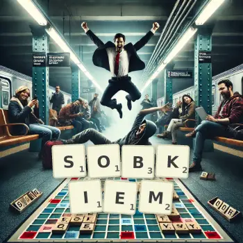 Kreatywna ilustracja do gry w Scrabble ze słowem SOBKIEM ułożonym z płytek na planszy.