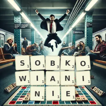 Kreatywna ilustracja do gry w Scrabble ze słowem SOBKOWIANINIE ułożonym z płytek na planszy.