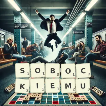 Kreatywna ilustracja do gry w Scrabble ze słowem SOBOCKIEMU ułożonym z płytek na planszy.