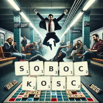 Kreatywna ilustracja do gry w Scrabble ze słowem SOBOCKOSC ułożonym z płytek na planszy.
