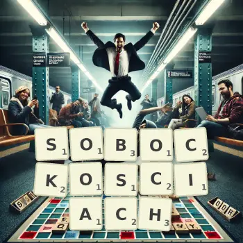 Kreatywna ilustracja do gry w Scrabble ze słowem SOBOCKOSCIACH ułożonym z płytek na planszy.