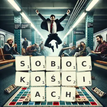 Kreatywna ilustracja do gry w Scrabble ze słowem SOBOCKOŚCIACH ułożonym z płytek na planszy.