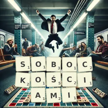 Kreatywna ilustracja do gry w Scrabble ze słowem SOBOCKOŚCIAMI ułożonym z płytek na planszy.