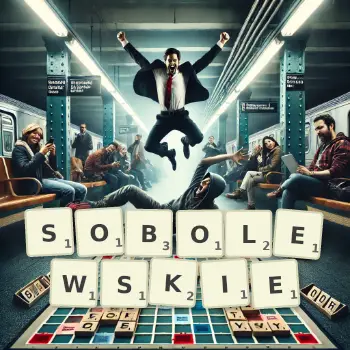 Kreatywna ilustracja do gry w Scrabble ze słowem SOBOLEWSKIE ułożonym z płytek na planszy.
