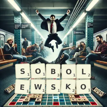 Kreatywna ilustracja do gry w Scrabble ze słowem SOBOLEWSKO ułożonym z płytek na planszy.