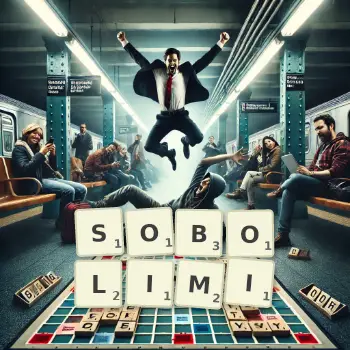 Kreatywna ilustracja do gry w Scrabble ze słowem SOBOLIMI ułożonym z płytek na planszy.