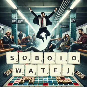 Kreatywna ilustracja do gry w Scrabble ze słowem SOBOLOWATEJ ułożonym z płytek na planszy.