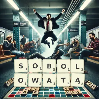 Kreatywna ilustracja do gry w Scrabble ze słowem SOBOLOWATĄ ułożonym z płytek na planszy.