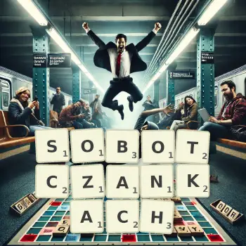 Kreatywna ilustracja do gry w Scrabble ze słowem SOBOTCZANKACH ułożonym z płytek na planszy.
